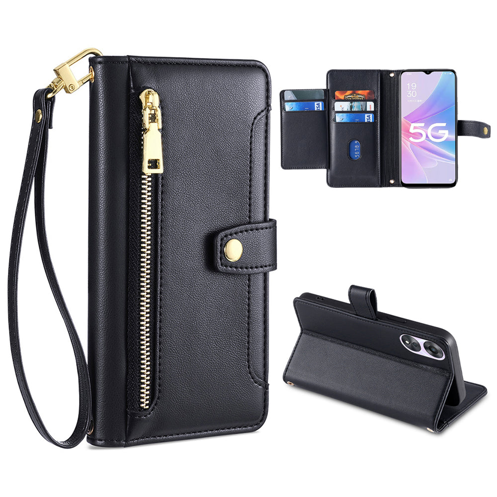 For Oppo A58 5G Textured PU Leather Wallet Case Multiple Card Slots Magnetic Closure Zipper Pocket Stand Phone Cover with Wrist Strap and Shoulder Strap For Oppo A58 5G Textured PU Leather Wallet Case Multiple Card Slots Magnetic Closure Zipper Pocket Stand Phone Cover with Wrist Strap and Shoulder Strap